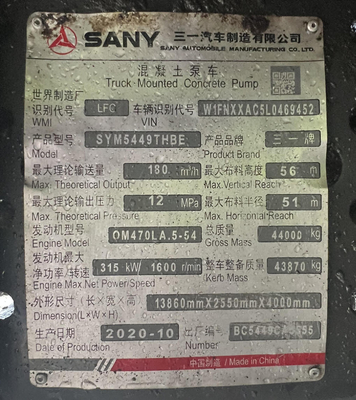 2020 SANY 56m bekas truk pompa beton dengan sasis Benz